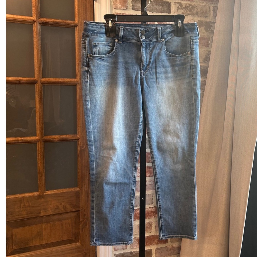 American Eagle Artist Crop Jeans Women Blue Super Stretch Mid Rise Denim Size 12